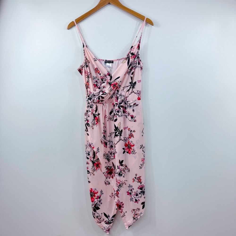 Women’s Powder Pink Floral Print Dress Spaghetti Strap Wrap Romantic Medium